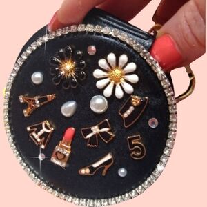 Compact Mirror Leather Embellished Bag Charm Accessory